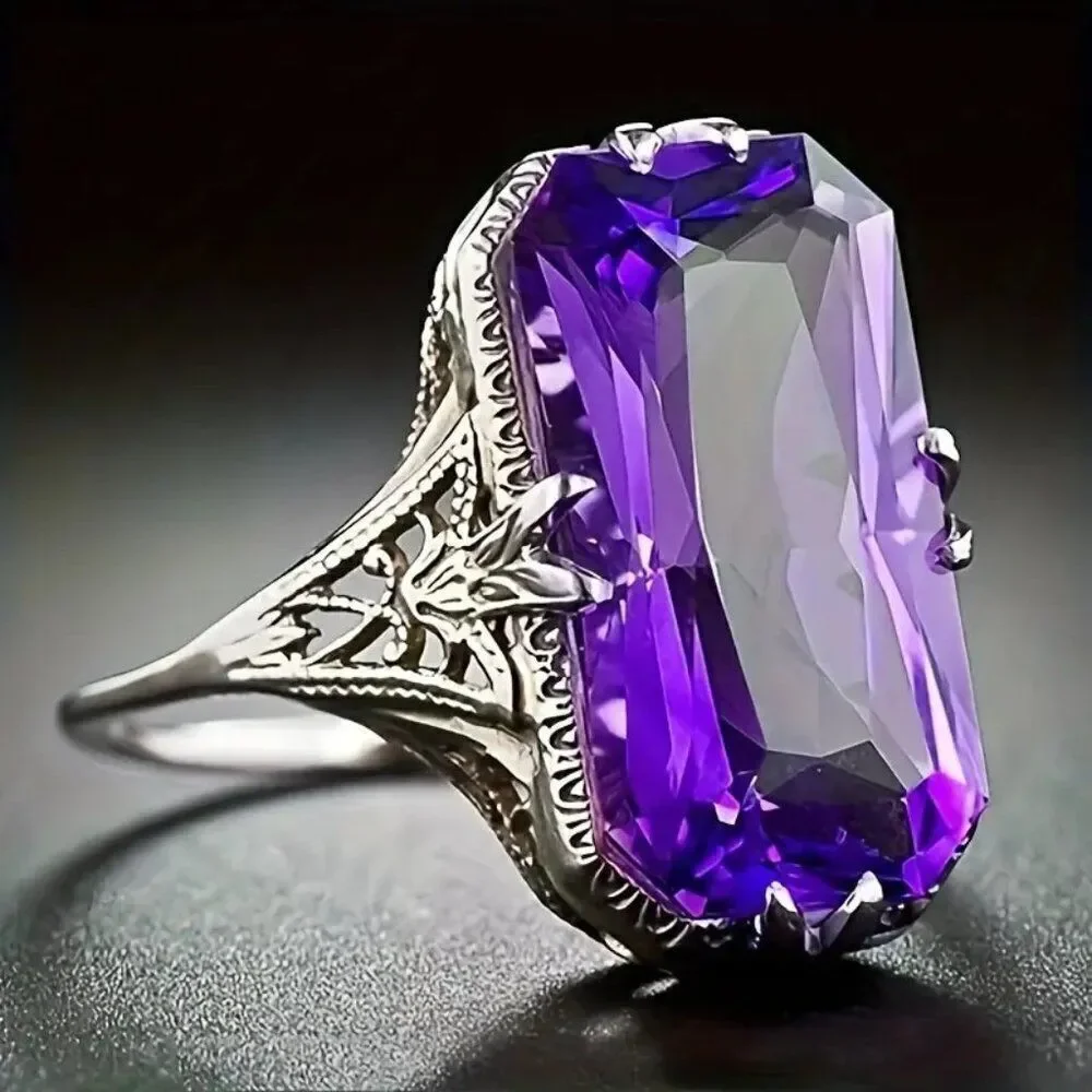 Men's Fashionable Purple Square Zirconia Ring - Perfect for Casual Wear Size 10